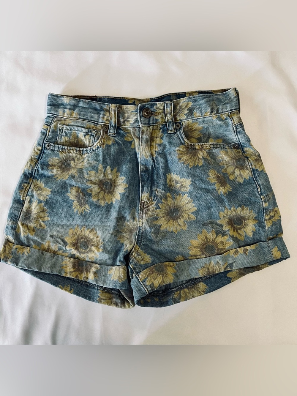 American Eagle Outfitters Sunflower Print Denim Shorts - Blue/Yellow
